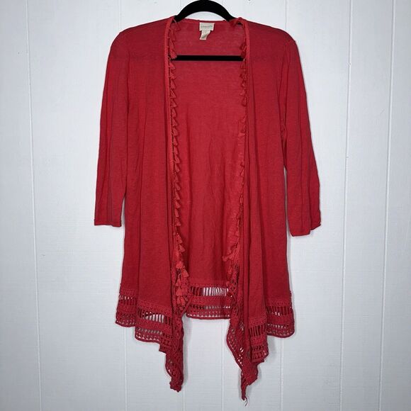Chico’s Women’s Linen Cardigan Tassel Fringe Detail Pink Size 1 Medium - Picture 1 of 4